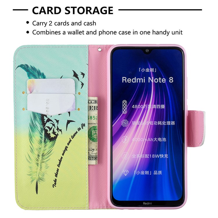 Impresión de Patrones PU Cuero Flip Stand Celular Con Cáscara de Celda Para Xiaomi Redmi Note 8 - Pluma-6