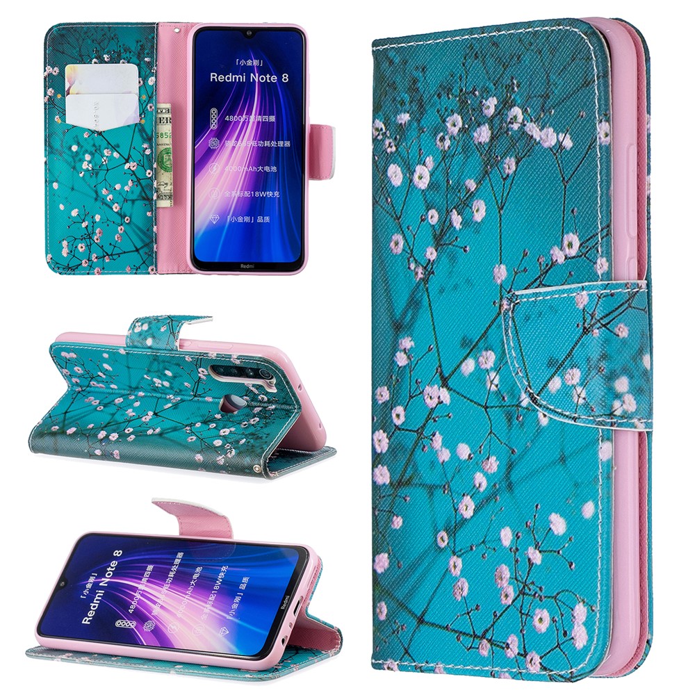 Pattern Printing PU Leather Flip Stand Phone Cell Shell for Xiaomi Redmi Note 8 - White Flower-1