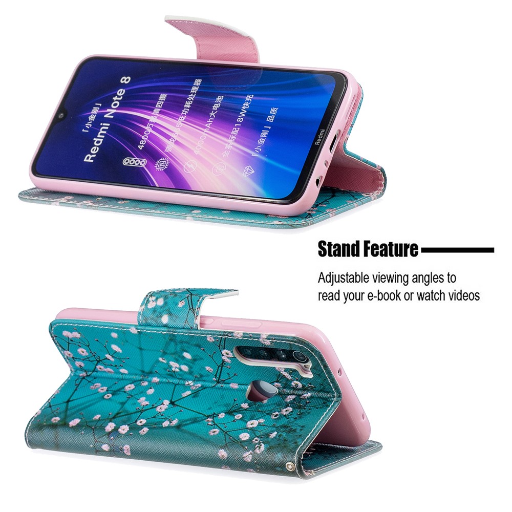 Pattern Printing PU Leather Flip Stand Phone Cell Shell for Xiaomi Redmi Note 8 - White Flower-5