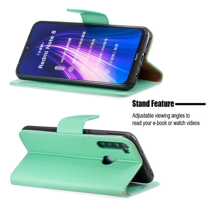 Litchi Skin Wallet Leather Stand Case for Xiaomi Redmi Note 8 - Green-5