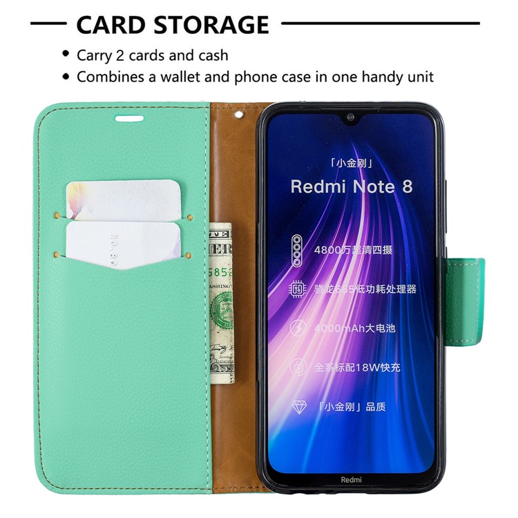 Litchi Skin Wallet Leather Stand Case for Xiaomi Redmi Note 8 - Green-6