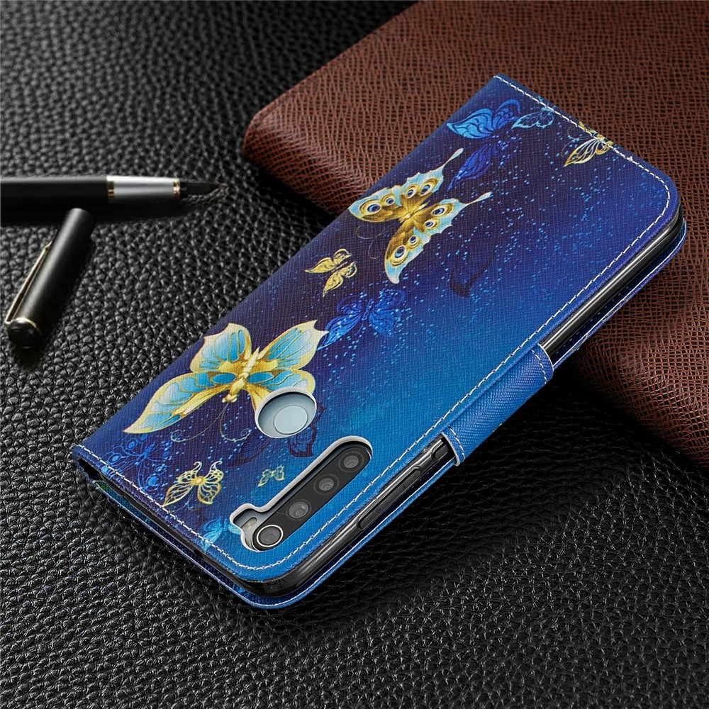 Pattern Printing Cross Texture Wallet Stand Flip Leather Case for Xiaomi Redmi Note 8 - Gold Butterflies-8