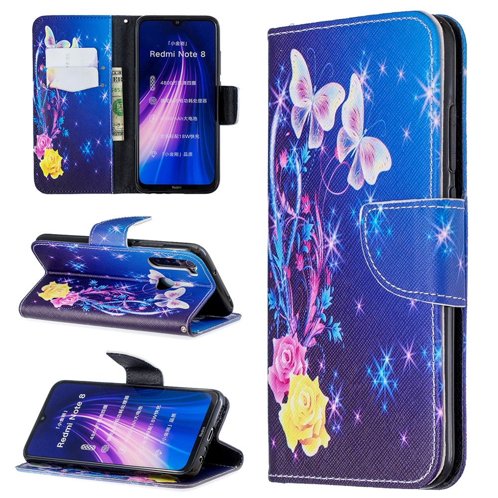 Pattern Printing Cross Texture Wallet Stand Flip Leather Case for Xiaomi Redmi Note 8 - Elegant Butterflies-1