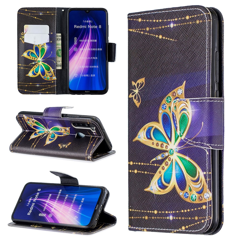 Pattern Printing Cross Texture Wallet Stand Flip Leather Case for Xiaomi Redmi Note 8 - Crystal Butterflies-1