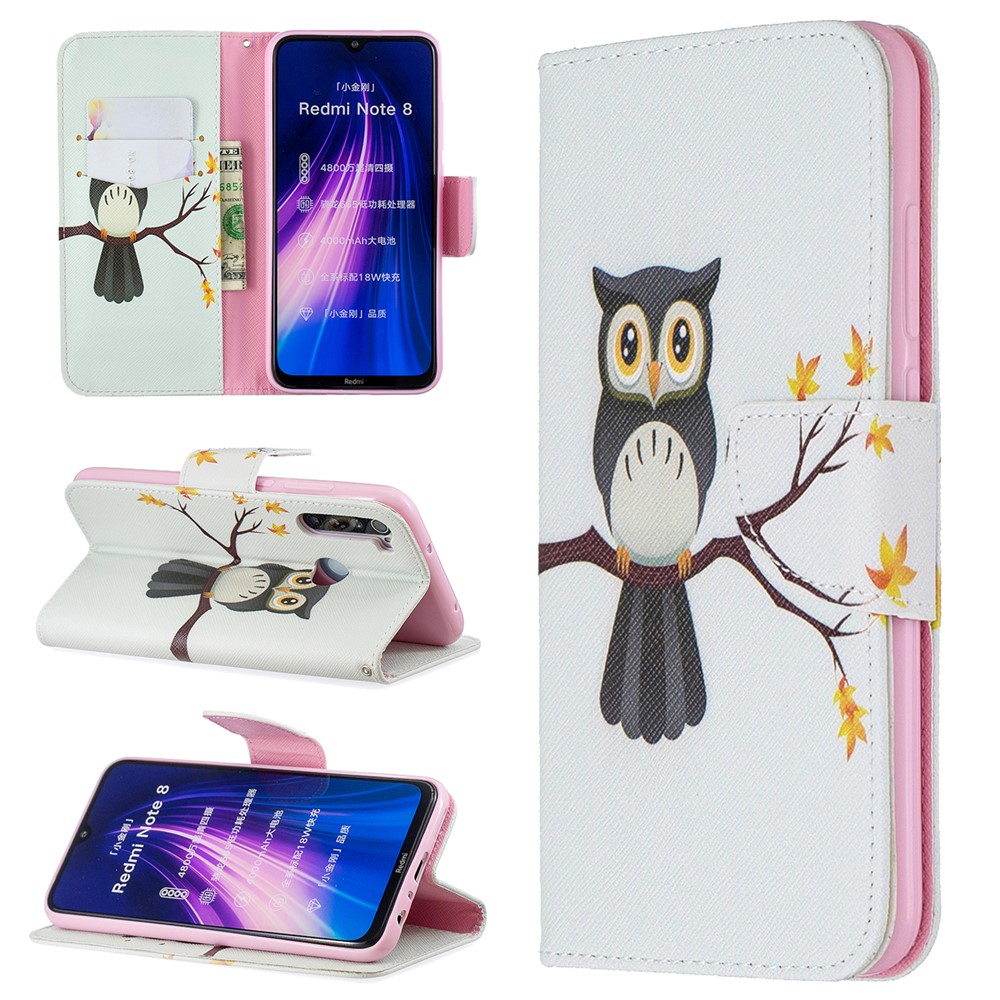 Pattern Printing Cross Texture Wallet Stand Flip Leather Case for Xiaomi Redmi Note 8 - Owl-1