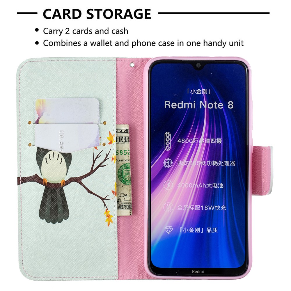 Pattern Printing Cross Texture Wallet Stand Flip Leather Case for Xiaomi Redmi Note 8 - Owl-6