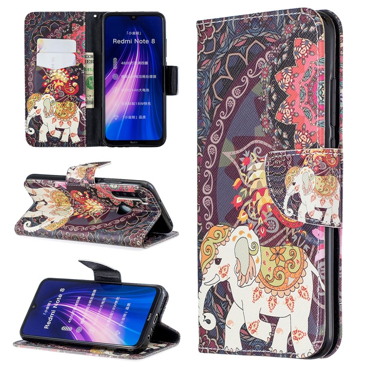 Pattern Printing Wallet Stand Flip Leather Case for Xiaomi Redmi Note 8 - Elephant and Malanda Flower-1