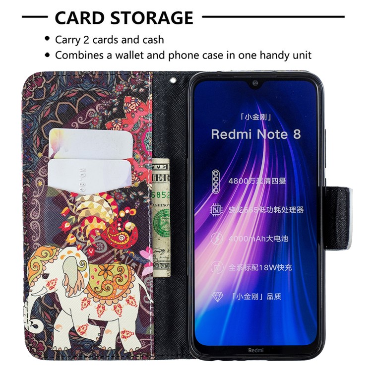 Pattern Printing Wallet Stand Flip Leather Case for Xiaomi Redmi Note 8 - Elephant and Malanda Flower-6