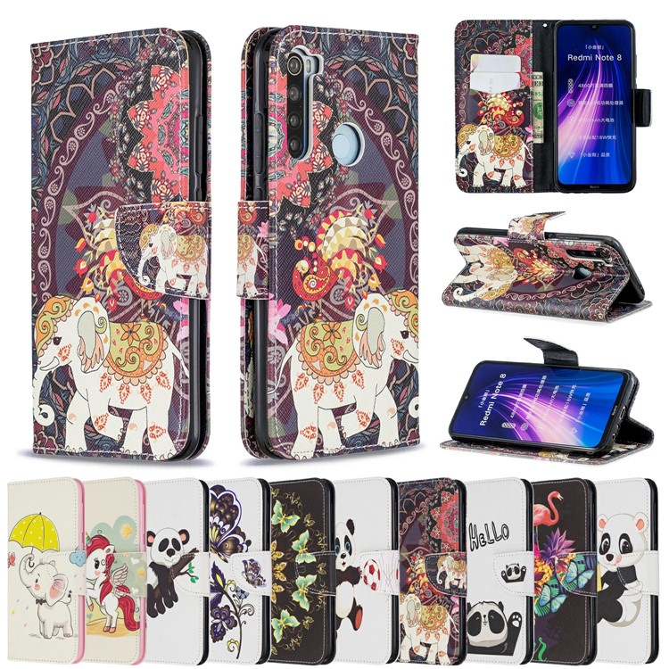 Pattern Printing Wallet Stand Flip Leather Case for Xiaomi Redmi Note 8 - Elephant and Malanda Flower-9
