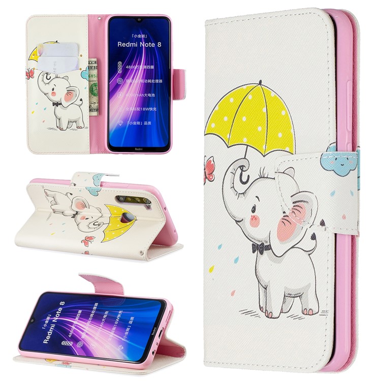 Pattern Printing Wallet Stand Flip Leather Case for Xiaomi Redmi Note 8 - Elephant-1