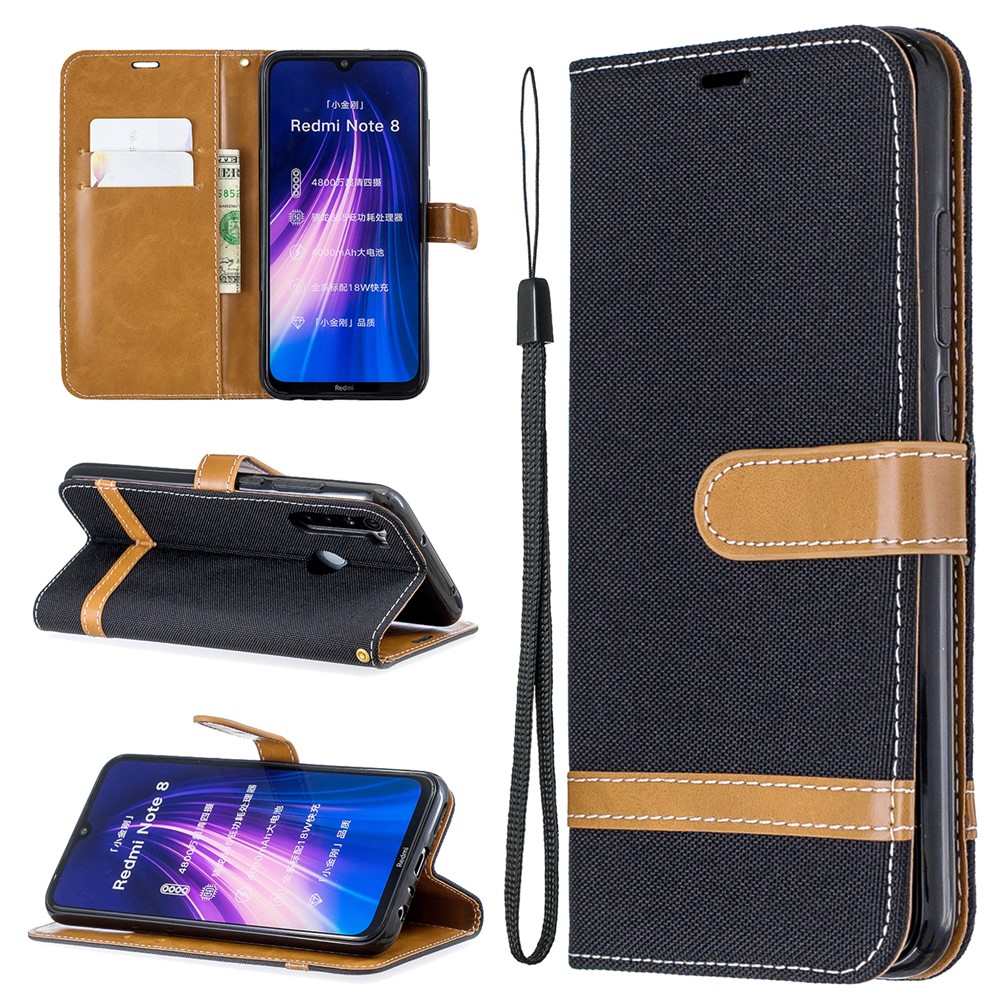 Assorted Color Jeans Cloth Leather Wallet Shell for Xiaomi Redmi Note 8 - Black-1