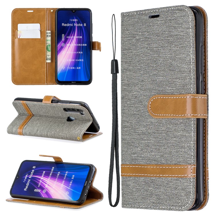 Assorted Color Jeans Cloth Leather Wallet Shell for Xiaomi Redmi Note 8 - Grey-1