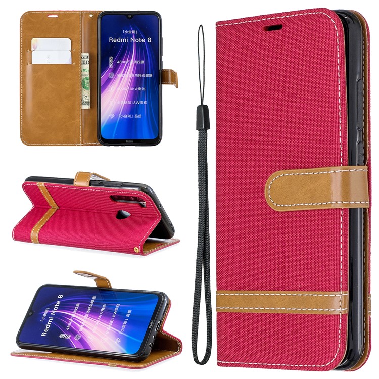 Assorted Color Jeans Cloth Leather Wallet Shell for Xiaomi Redmi Note 8 - Red-1
