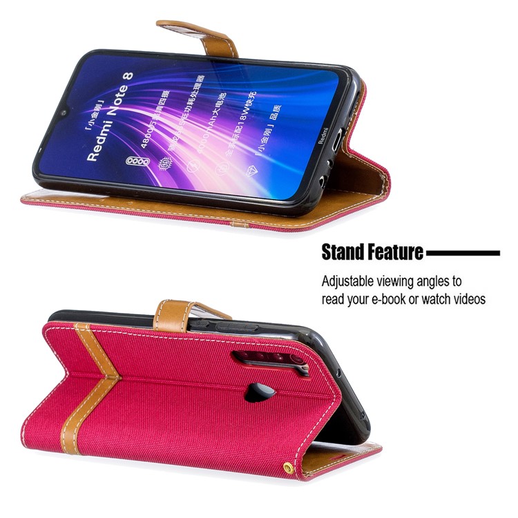 Assorted Color Jeans Cloth Leather Wallet Shell for Xiaomi Redmi Note 8 - Red-5
