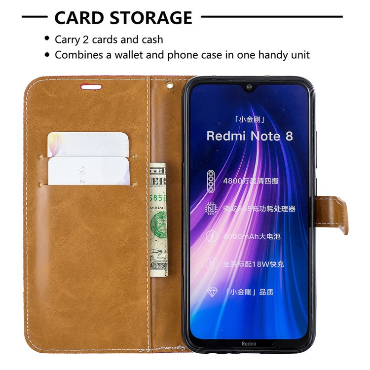 Assorted Color Jeans Cloth Leather Wallet Shell for Xiaomi Redmi Note 8 - Red-6