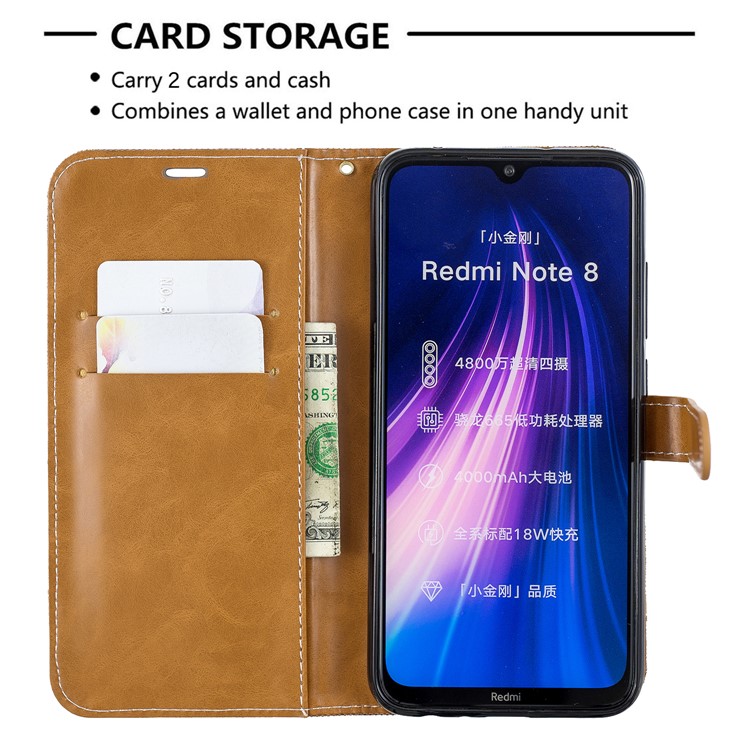 Couleur de Couleur Assortie Coque de Portefeuille en Cuir en Tissu Pour Xiaomi Redmi Note 8 - Brun