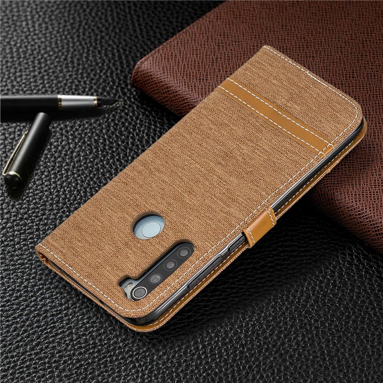 Couleur de Couleur Assortie Coque de Portefeuille en Cuir en Tissu Pour Xiaomi Redmi Note 8 - Brun