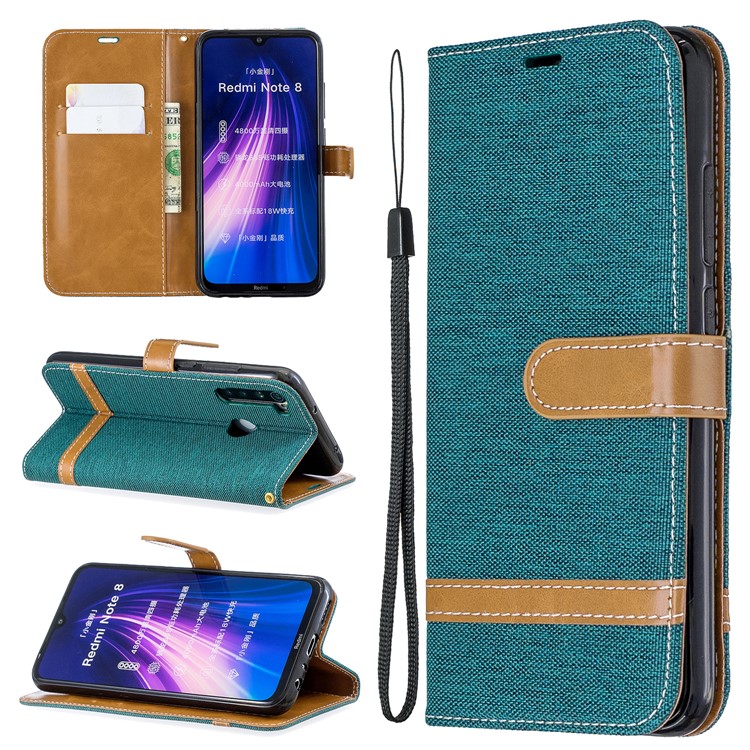 Assorted Color Jeans Cloth Leather Wallet Shell for Xiaomi Redmi Note 8 - Green-1