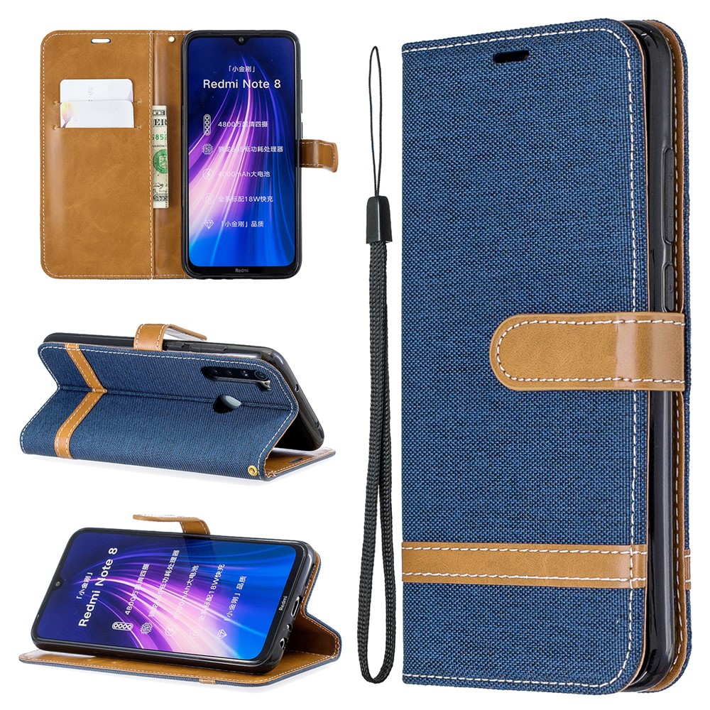 Assorted Color Jeans Cloth Leather Wallet Shell for Xiaomi Redmi Note 8 - Dark Blue-1