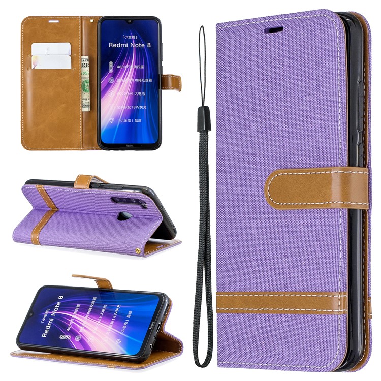 Assorted Color Jeans Cloth Leather Wallet Shell for Xiaomi Redmi Note 8 - Purple-1