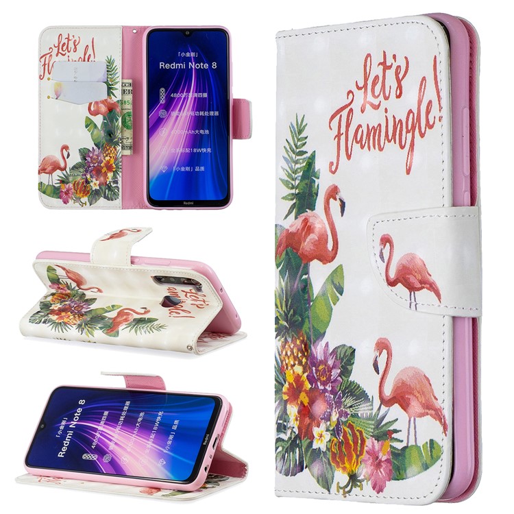 Light Spot Decor Pattern Printing Wallet Leather Phone Cover with Strap for Xiaomi Redmi Note 8 - Flamingos-1