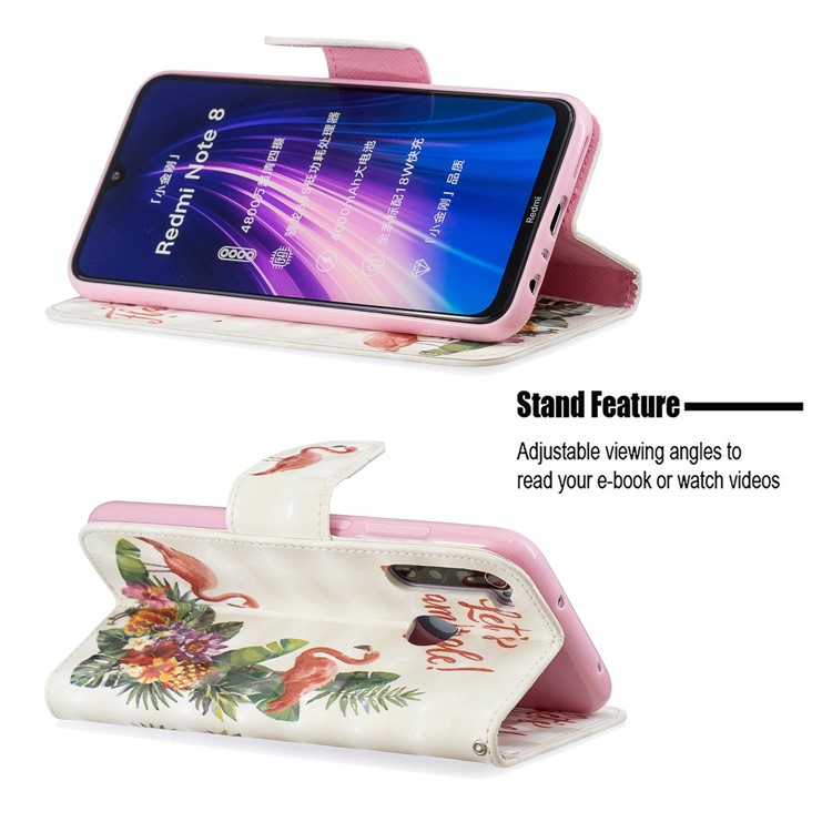 Light Spot Decor Pattern Printing Wallet Leather Phone Cover with Strap for Xiaomi Redmi Note 8 - Flamingos-5