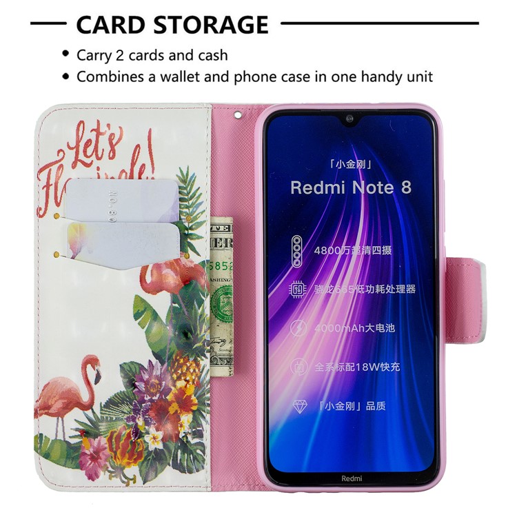 Light Spot Decor Pattern Printing Wallet Leather Phone Cover with Strap for Xiaomi Redmi Note 8 - Flamingos-6