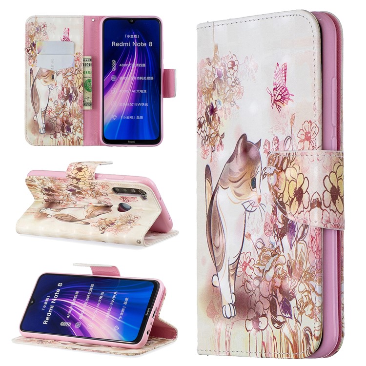 Light Spot Decor Pattern Printing Wallet Leather Phone Cover with Strap for Xiaomi Redmi Note 8 - Cat and Flower-1