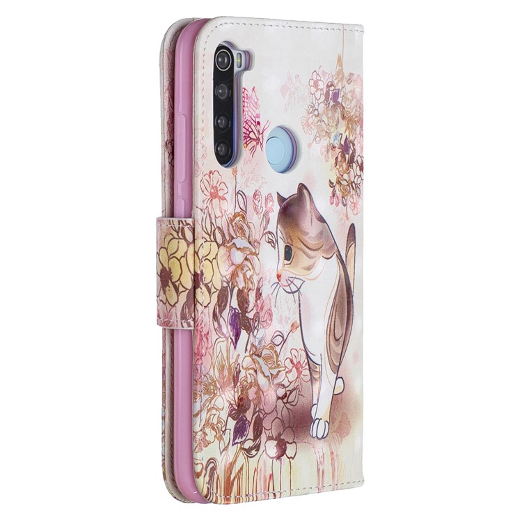 Light Spot Decor Pattern Printing Wallet Leather Phone Cover with Strap for Xiaomi Redmi Note 8 - Cat and Flower-3