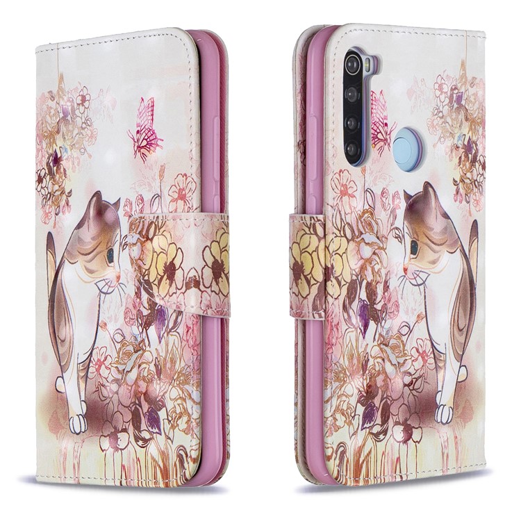 Light Spot Decor Pattern Printing Wallet Leather Phone Cover with Strap for Xiaomi Redmi Note 8 - Cat and Flower-4