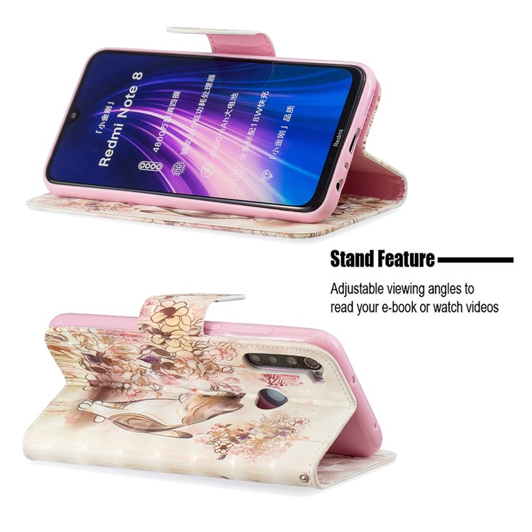 Light Spot Decor Pattern Printing Wallet Leather Phone Cover with Strap for Xiaomi Redmi Note 8 - Cat and Flower-5