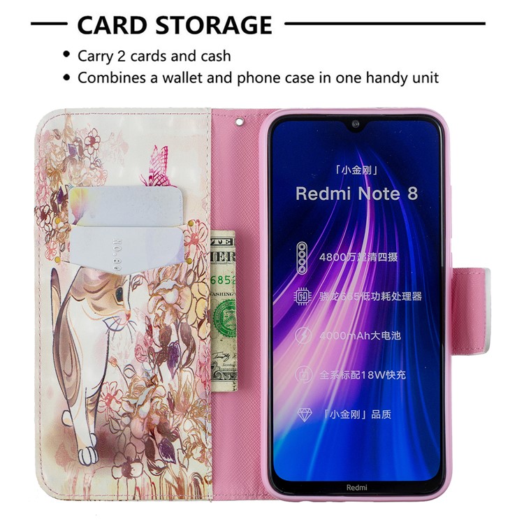 Light Spot Decor Pattern Printing Wallet Leather Phone Cover with Strap for Xiaomi Redmi Note 8 - Cat and Flower-6