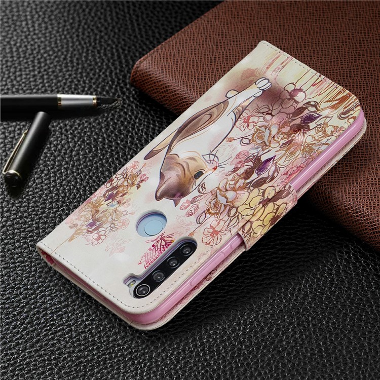 Light Spot Decor Pattern Printing Wallet Leather Phone Cover with Strap for Xiaomi Redmi Note 8 - Cat and Flower-8
