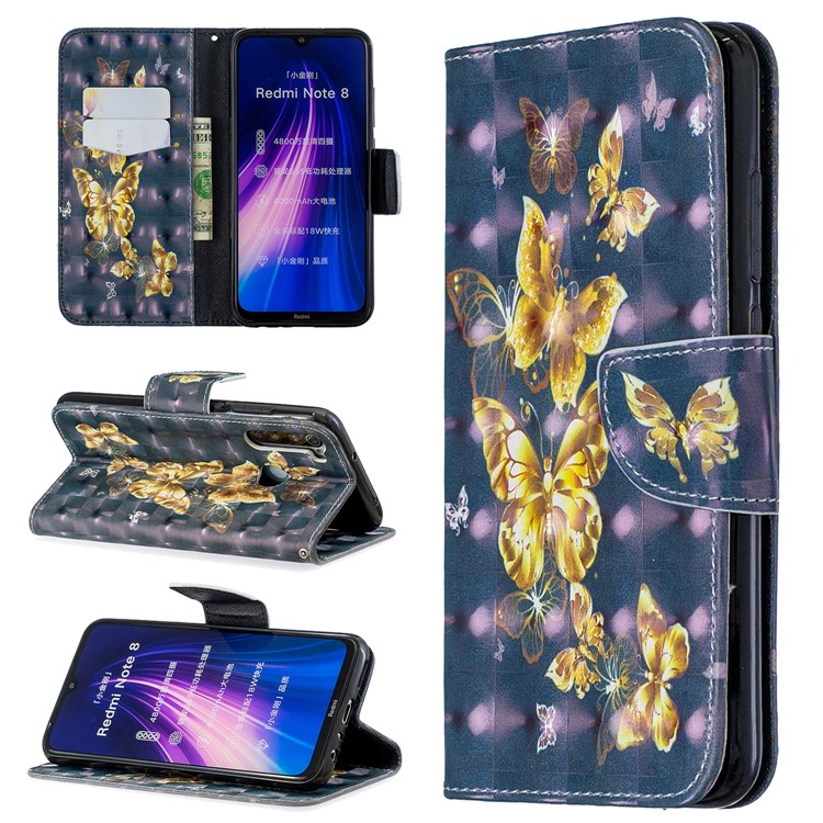 Light Spot Decor Pattern Printing Wallet Leather Phone Cover with Strap for Xiaomi Redmi Note 8 - Gold Butterflies-1