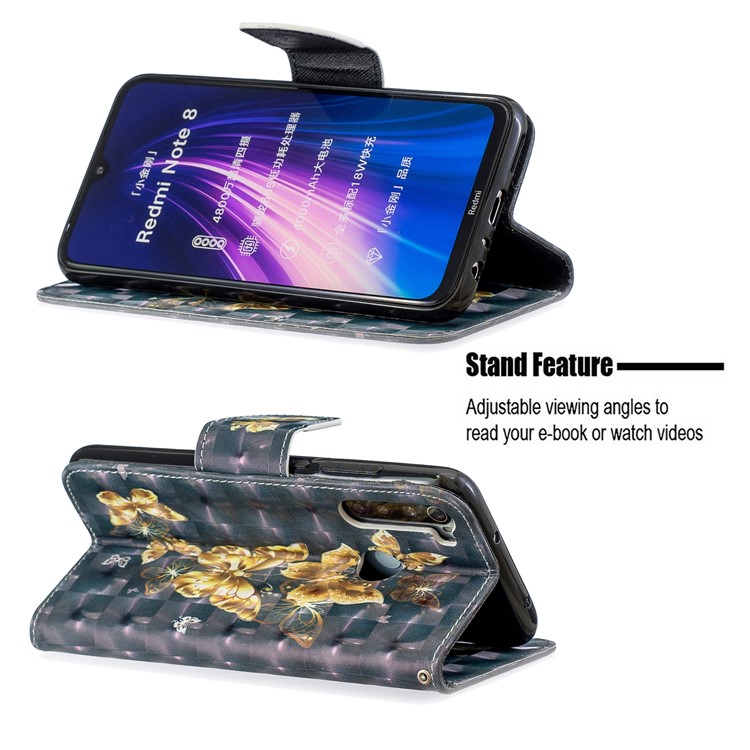 Light Spot Decor Pattern Printing Wallet Leather Phone Cover with Strap for Xiaomi Redmi Note 8 - Gold Butterflies-5