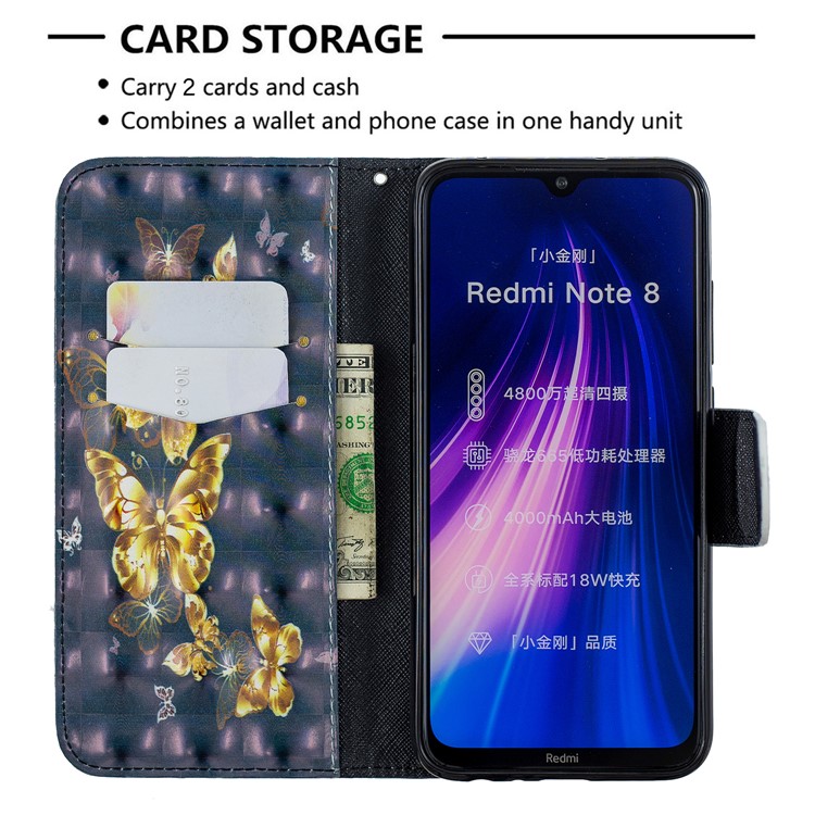 Light Spot Decor Pattern Printing Wallet Leather Phone Cover with Strap for Xiaomi Redmi Note 8 - Gold Butterflies-6