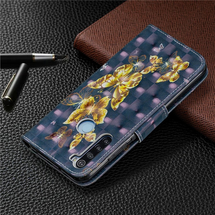Light Spot Decor Pattern Printing Wallet Leather Phone Cover with Strap for Xiaomi Redmi Note 8 - Gold Butterflies-8