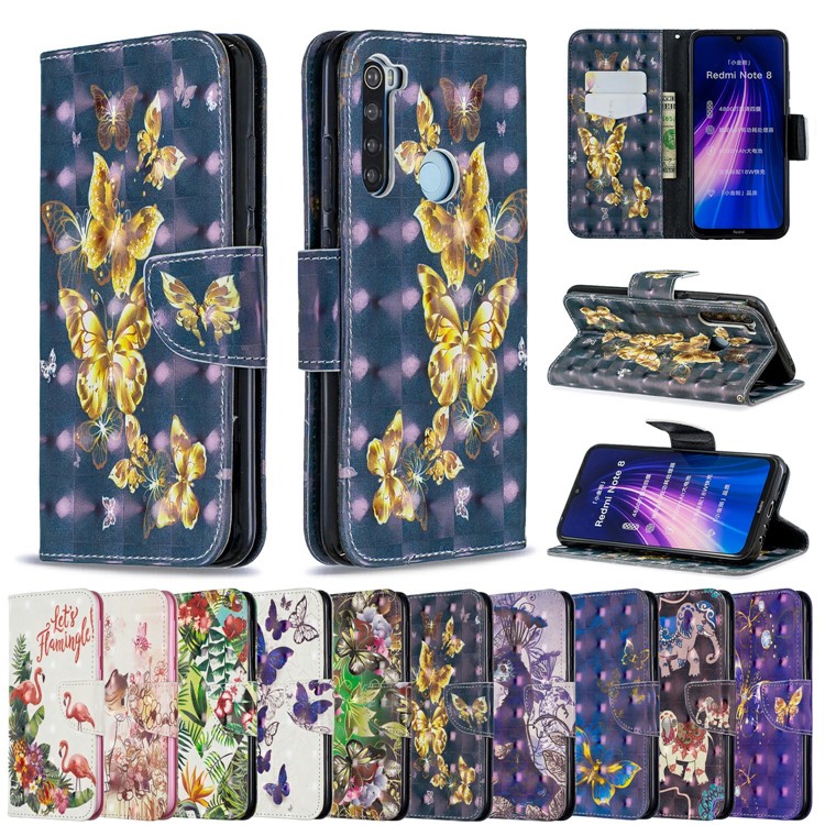 Light Spot Decor Pattern Printing Wallet Leather Phone Cover with Strap for Xiaomi Redmi Note 8 - Gold Butterflies-9