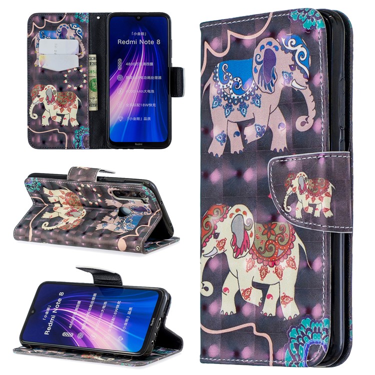 Light Spot Decor Pattern Printing Wallet Leather Phone Cover with Strap for Xiaomi Redmi Note 8 - Elephants-1