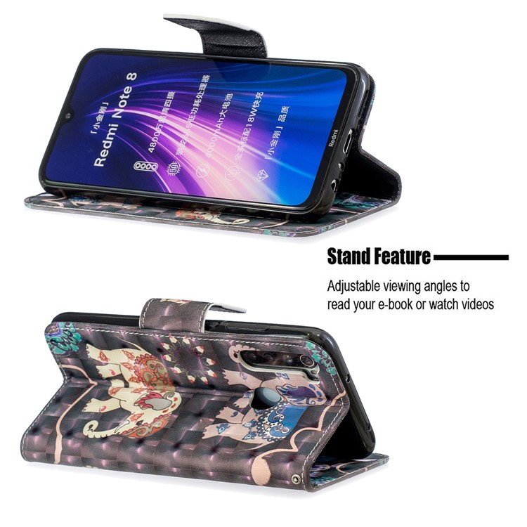 Light Spot Decor Pattern Printing Wallet Leather Phone Cover with Strap for Xiaomi Redmi Note 8 - Elephants-5