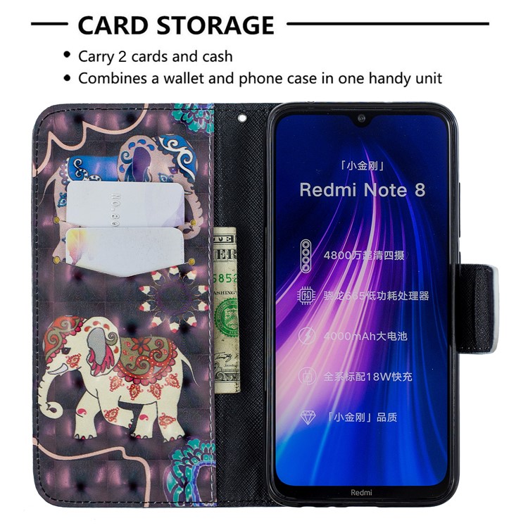 Light Spot Decor Pattern Printing Wallet Leather Phone Cover with Strap for Xiaomi Redmi Note 8 - Elephants-6