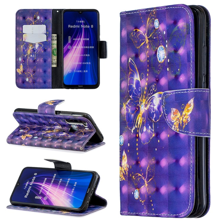 Light Spot Decor Pattern Printing Wallet Leather Phone Cover with Strap for Xiaomi Redmi Note 8 - Crystal Butterflies-1