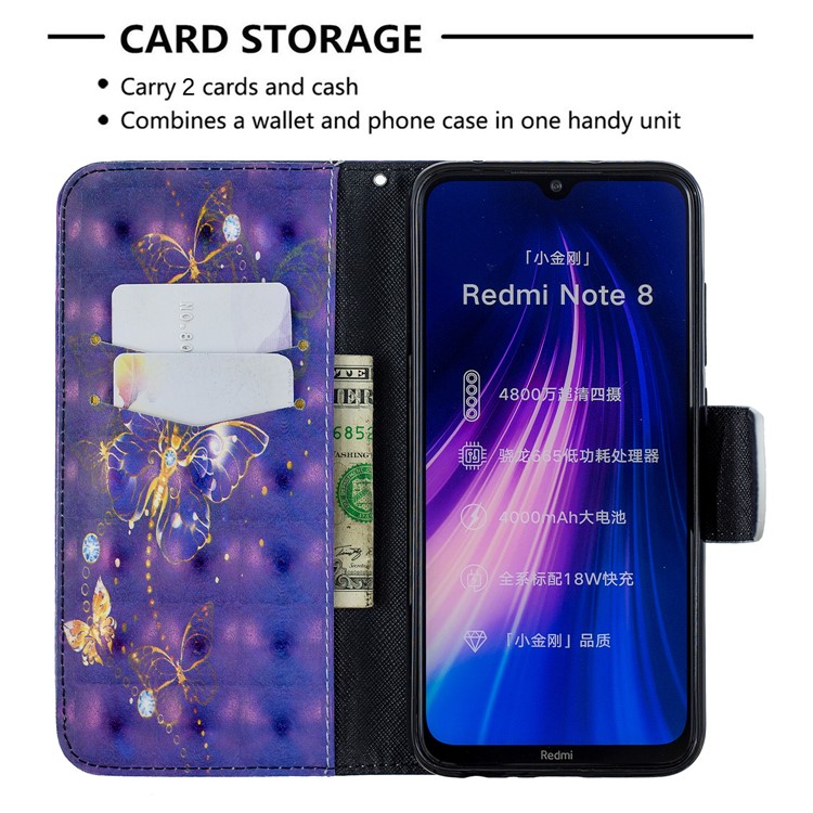 Light Spot Decor Pattern Printing Wallet Leather Phone Cover with Strap for Xiaomi Redmi Note 8 - Crystal Butterflies-6