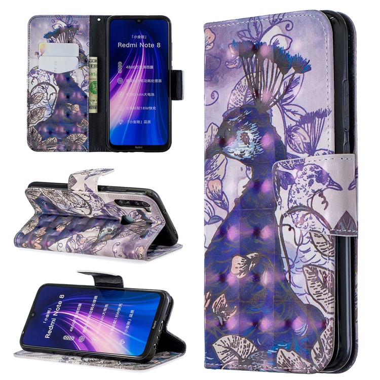 Light Spot Decor Pattern Printing Wallet Leather Phone Cover with Strap for Xiaomi Redmi Note 8 - Peacock-1