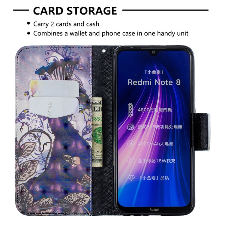 Light Spot Decor Pattern Printing Wallet Leather Phone Cover with Strap for Xiaomi Redmi Note 8 - Peacock-6