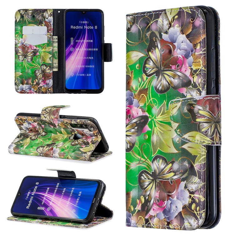 Light Spot Decor Pattern Printing Wallet Leather Phone Cover with Strap for Xiaomi Redmi Note 8 - Black Butterflies-1