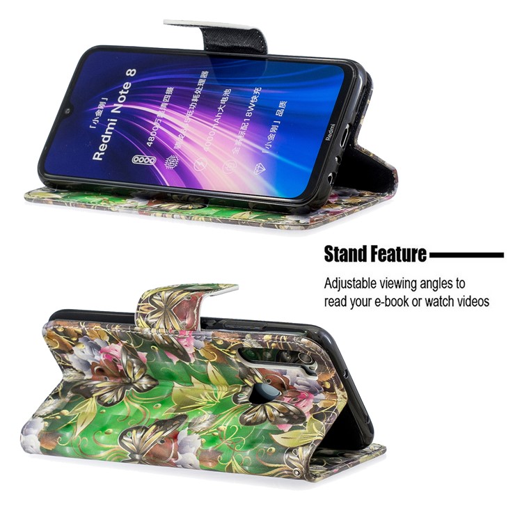 Light Spot Decor Pattern Printing Wallet Leather Phone Cover with Strap for Xiaomi Redmi Note 8 - Black Butterflies-5