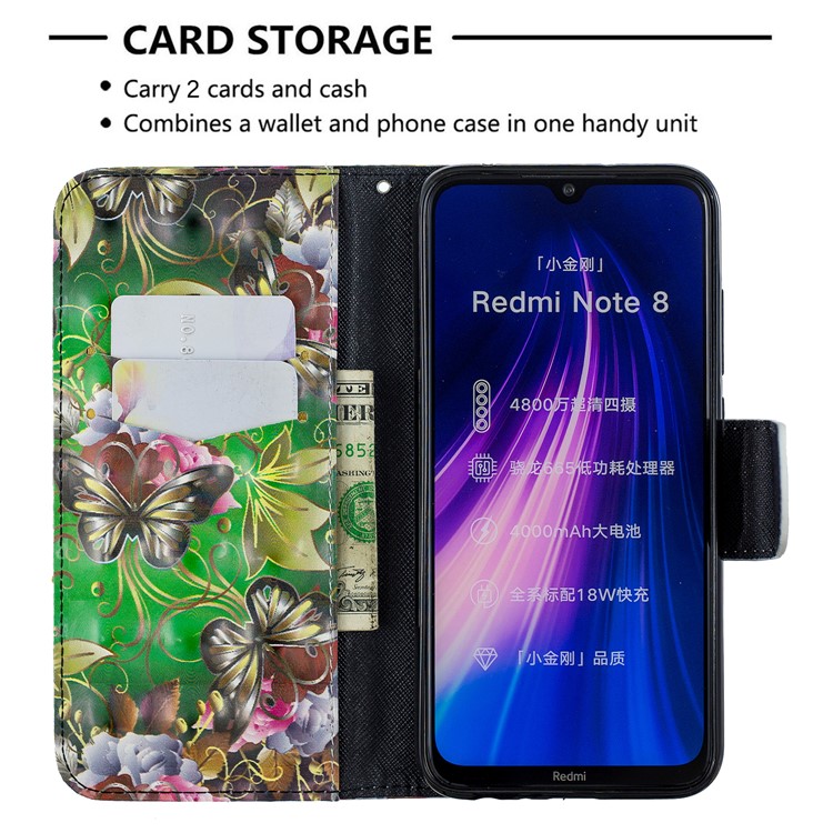 Light Spot Decor Pattern Printing Wallet Leather Phone Cover with Strap for Xiaomi Redmi Note 8 - Black Butterflies-6