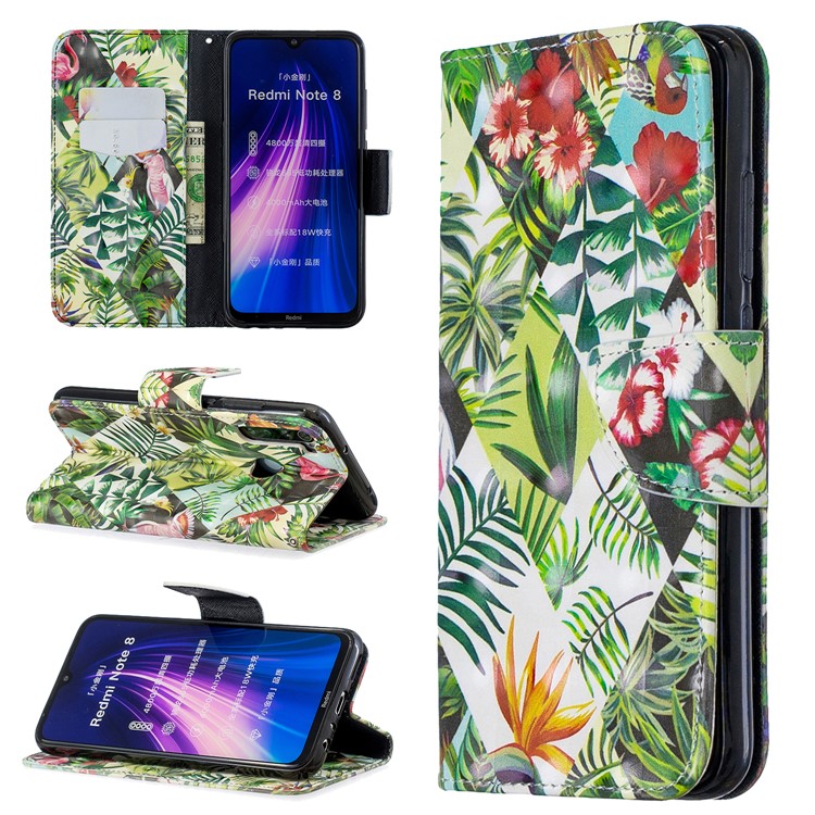 Light Spot Decor Pattern Printing Wallet Leather Phone Cover with Strap for Xiaomi Redmi Note 8 - Plants-1