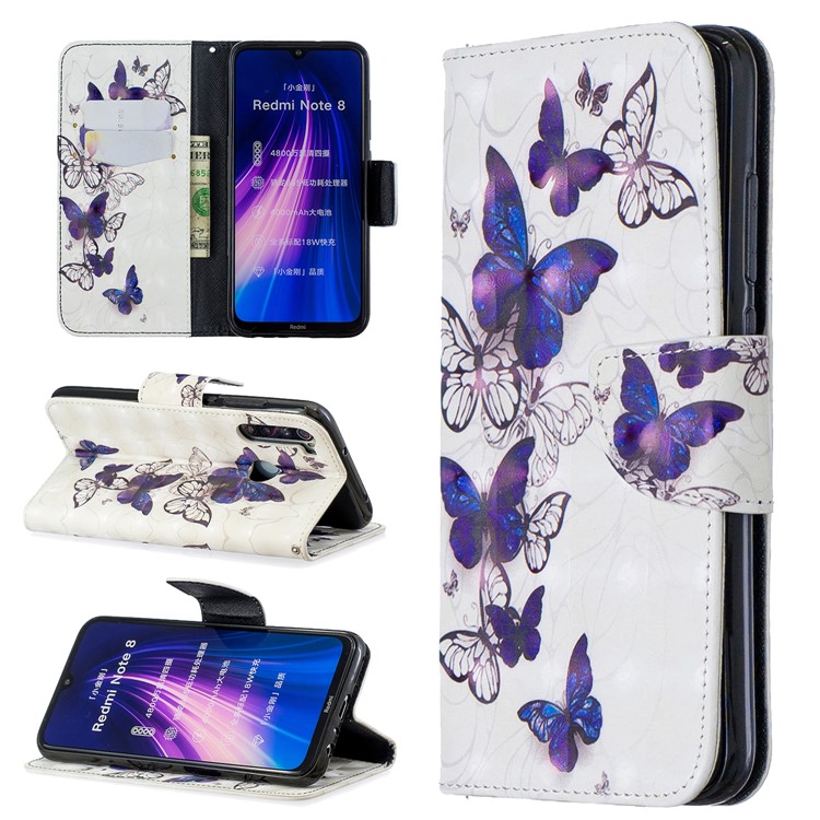 Light Spot Decor Pattern Printing Wallet Leather Phone Cover with Strap for Xiaomi Redmi Note 8 - Purple Butteflies-1
